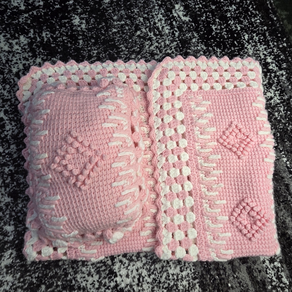 Crochet AFGHAN PINK BABY BLANKET AND PILLOW 35x32